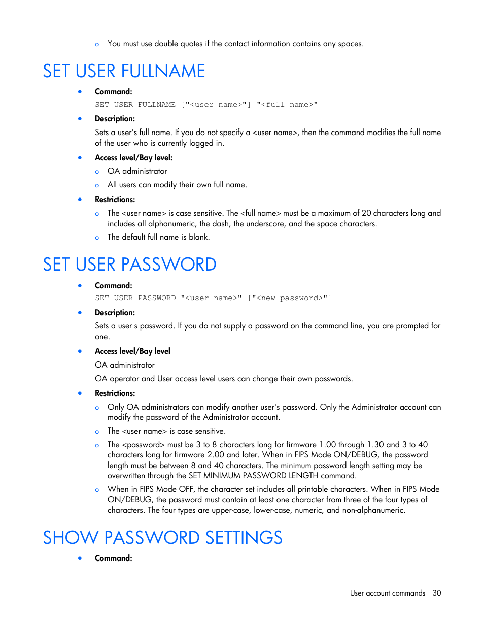 Set user fullname, Set user password, Show password settings | HP Onboard Administrator User Manual | Page 30 / 226