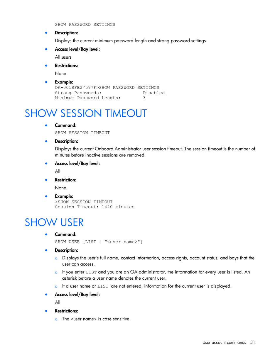 Show session timeout, Show user | HP Onboard Administrator User Manual | Page 31 / 226