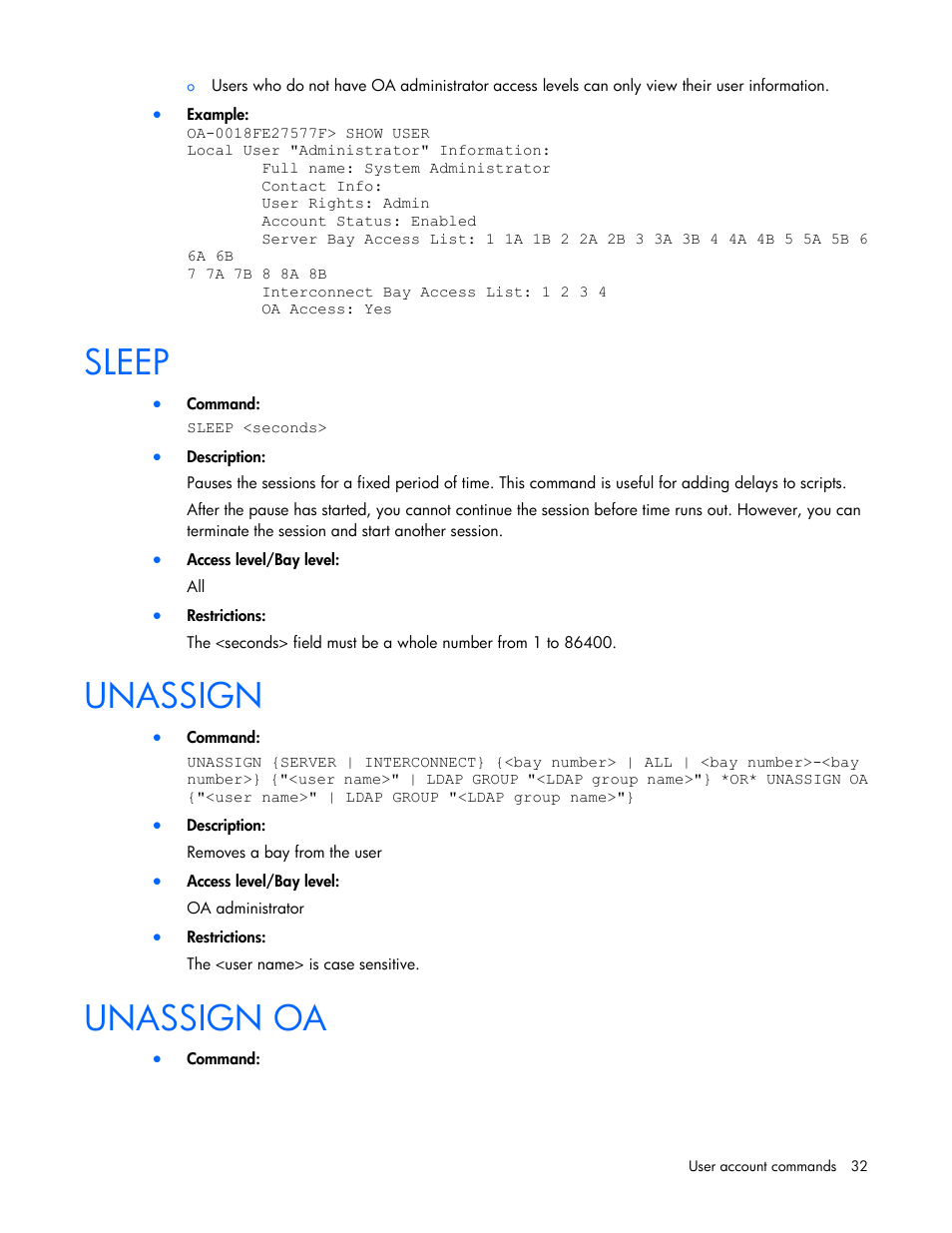 Sleep, Unassign, Unassign oa | HP Onboard Administrator User Manual | Page 32 / 226