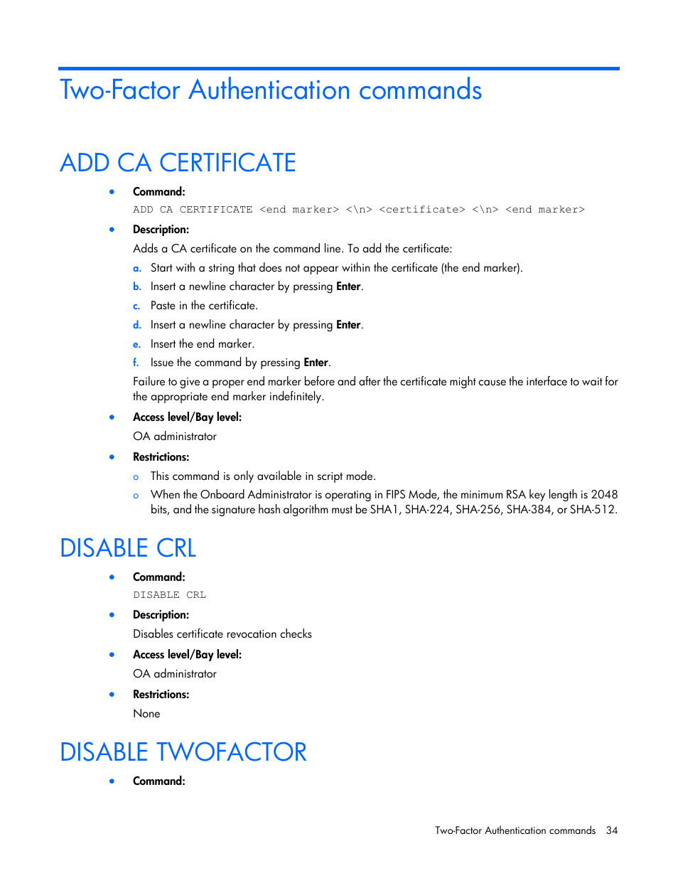 Two-factor authentication commands, Add ca certificate, Disable crl | Disable twofactor | HP Onboard Administrator User Manual | Page 34 / 226