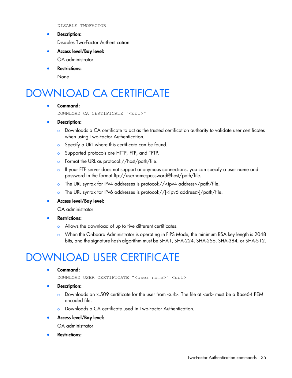 Download ca certificate, Download user certificate | HP Onboard Administrator User Manual | Page 35 / 226