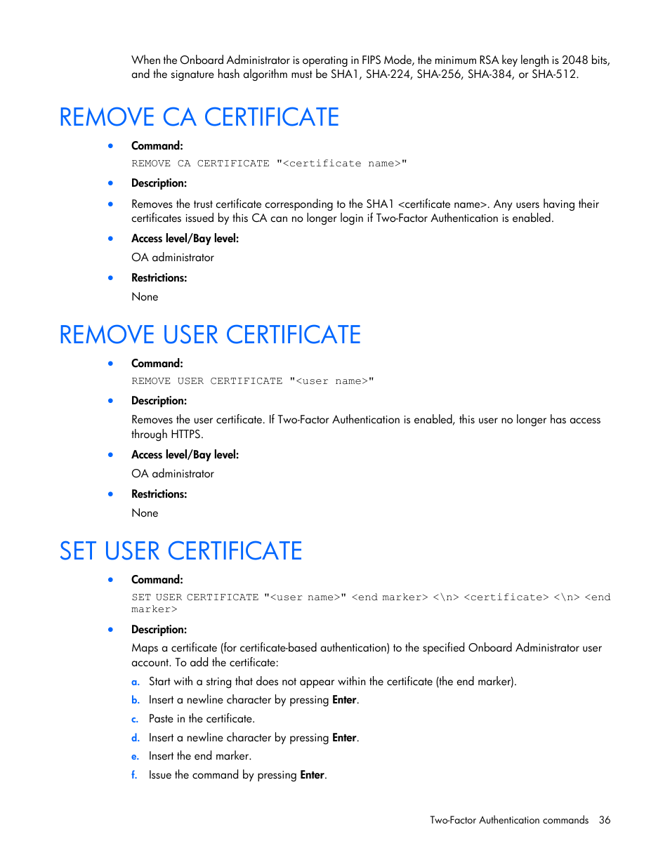 Remove ca certificate, Remove user certificate, Set user certificate | HP Onboard Administrator User Manual | Page 36 / 226