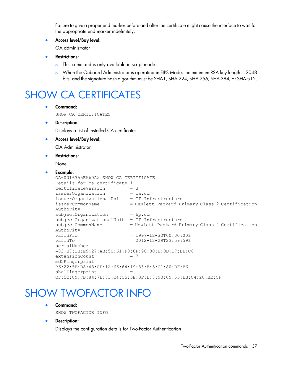Show ca certificates, Show twofactor info | HP Onboard Administrator User Manual | Page 37 / 226