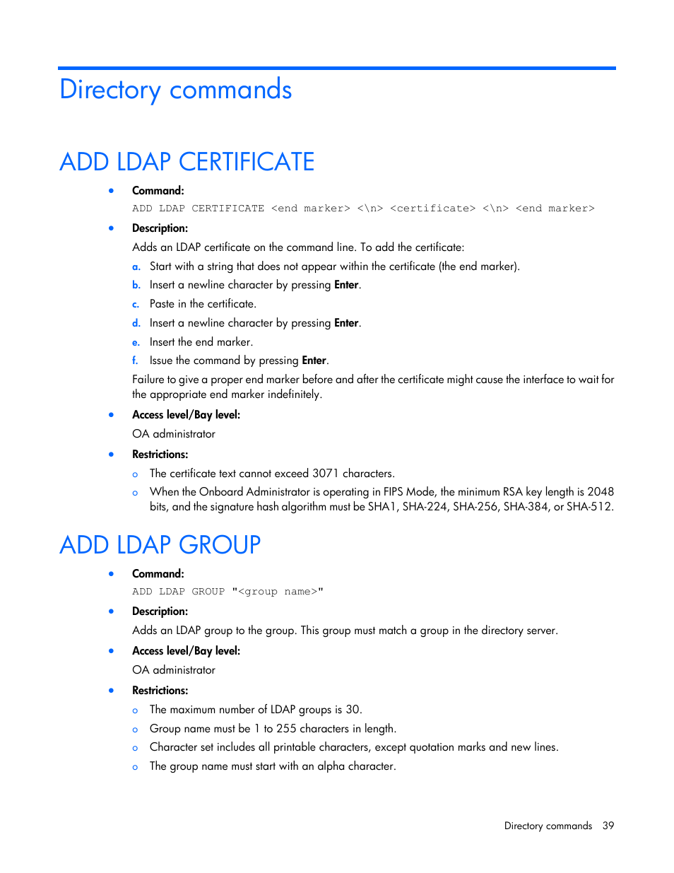 Directory commands, Add ldap certificate, Add ldap group | HP Onboard Administrator User Manual | Page 39 / 226