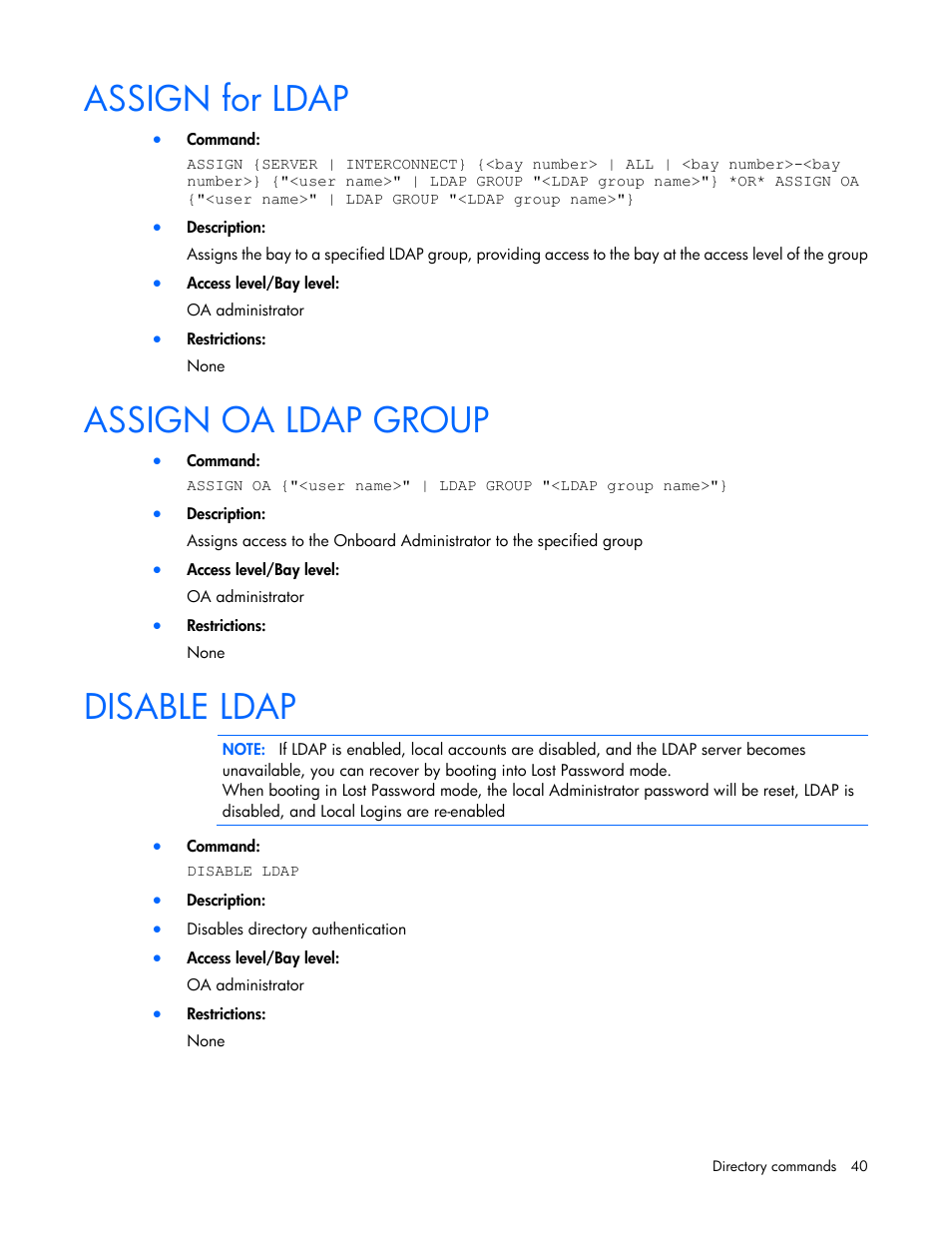 Assign for ldap, Assign oa ldap group, Disable ldap | HP Onboard Administrator User Manual | Page 40 / 226