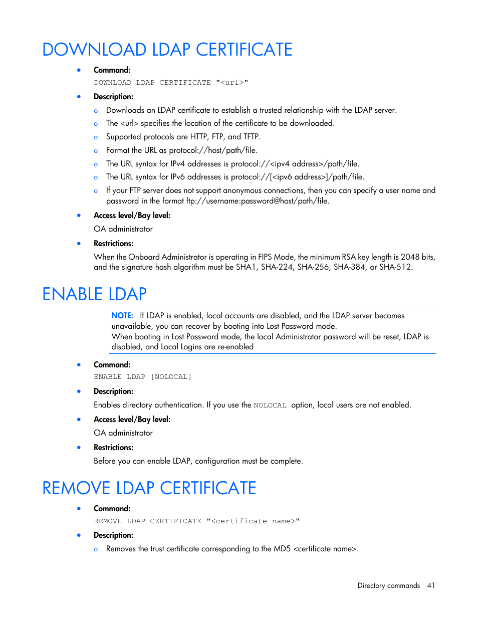 Download ldap certificate, Enable ldap, Remove ldap certificate | HP Onboard Administrator User Manual | Page 41 / 226
