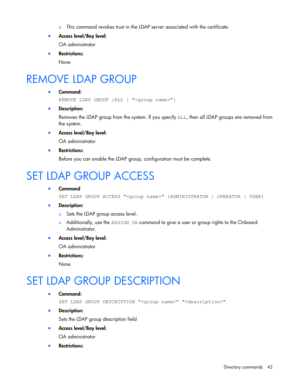 Remove ldap group, Set ldap group access, Set ldap group description | HP Onboard Administrator User Manual | Page 42 / 226