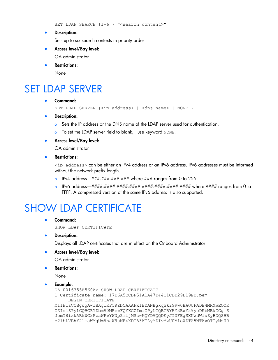 Set ldap server, Show ldap certificate | HP Onboard Administrator User Manual | Page 44 / 226