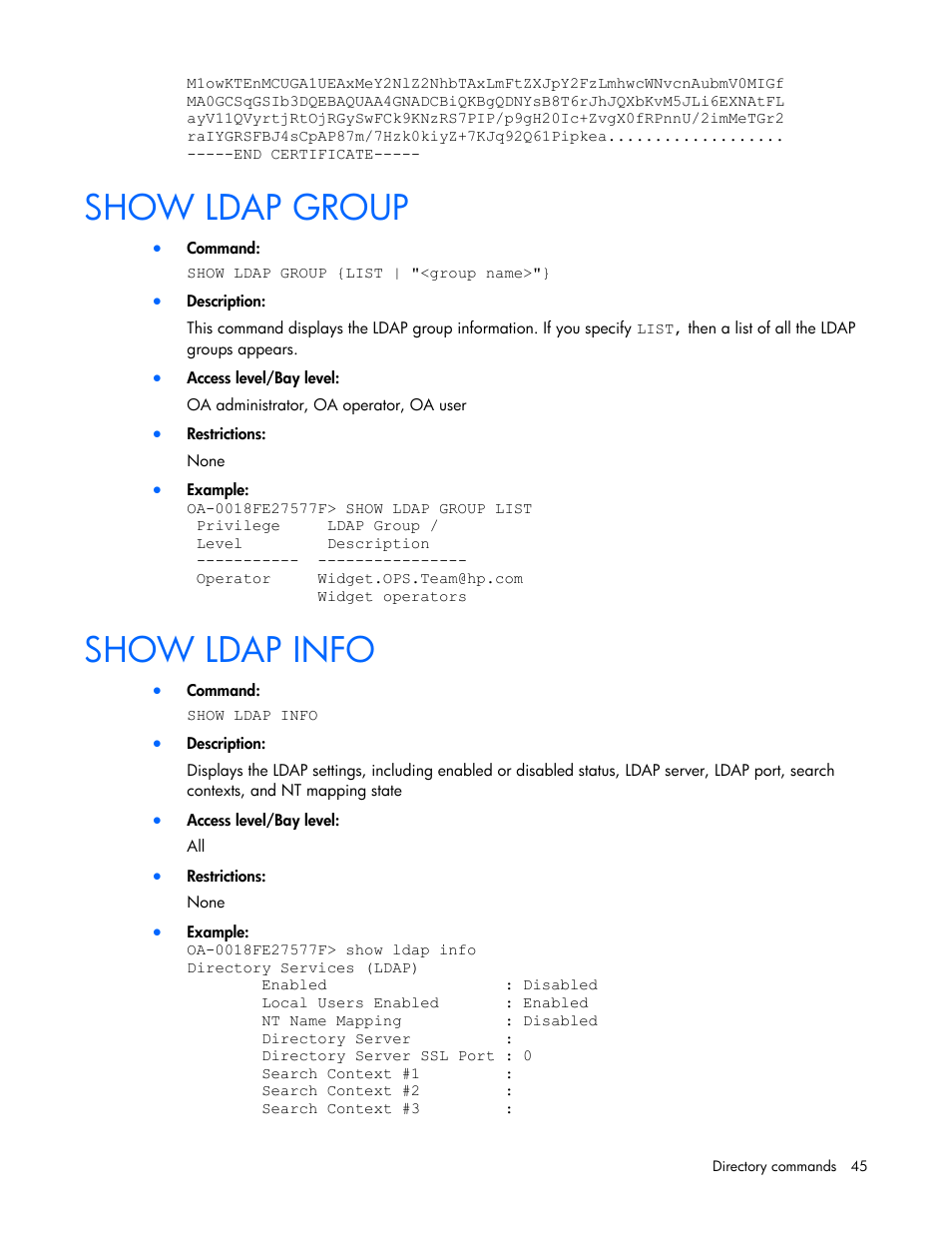Show ldap group, Show ldap info | HP Onboard Administrator User Manual | Page 45 / 226