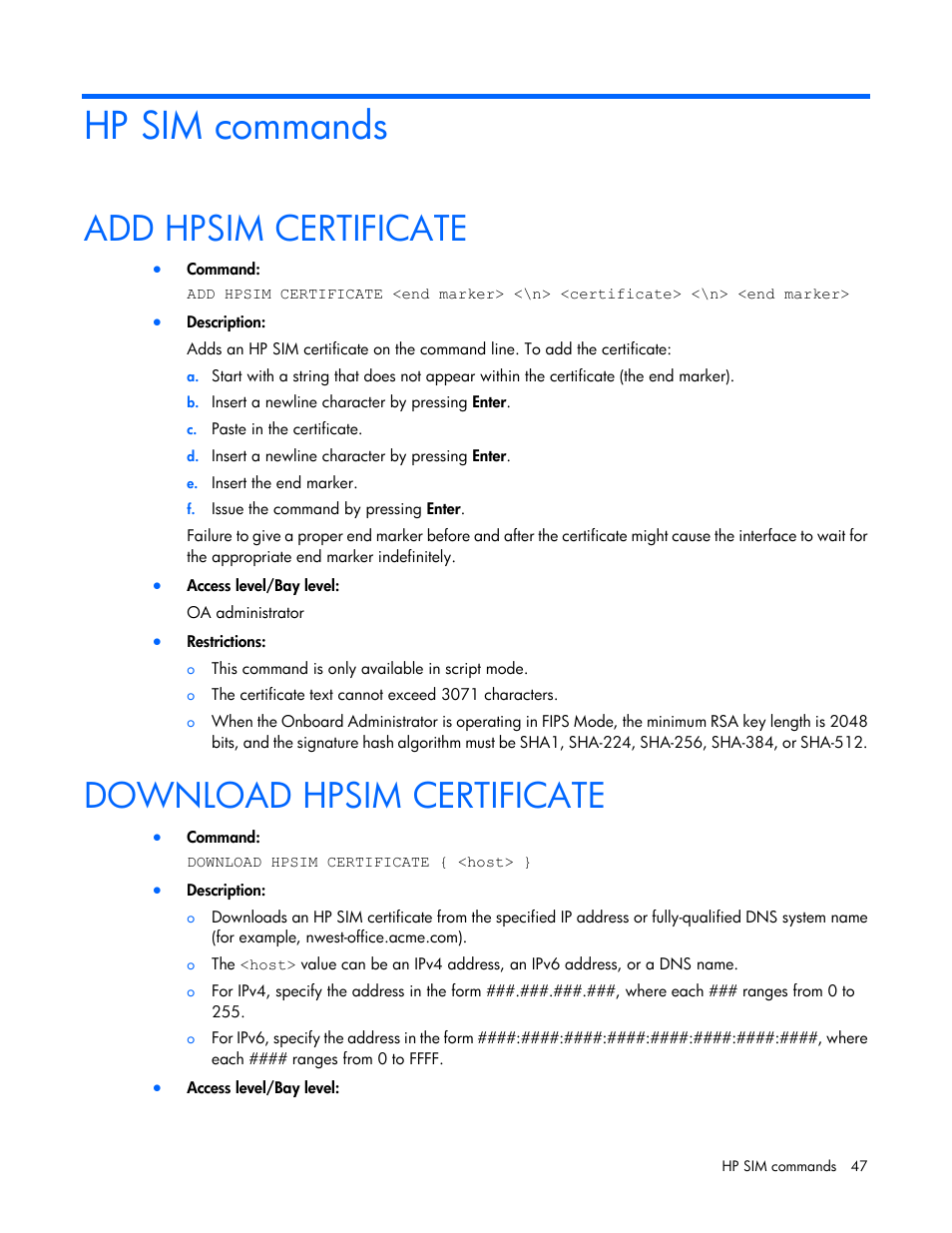 Hp sim commands, Add hpsim certificate, Download hpsim certificate | HP Onboard Administrator User Manual | Page 47 / 226