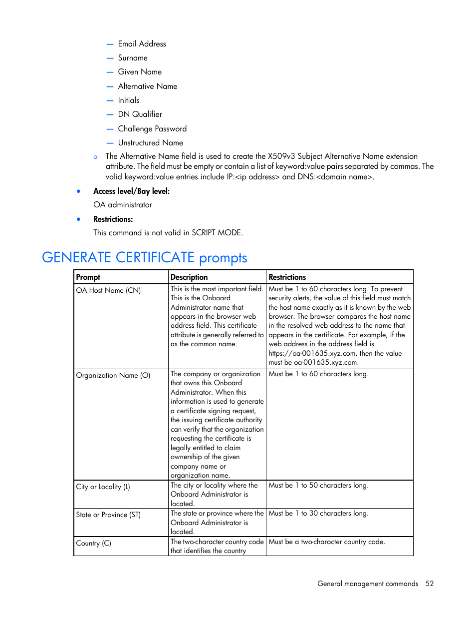 Generate certificate prompts | HP Onboard Administrator User Manual | Page 52 / 226