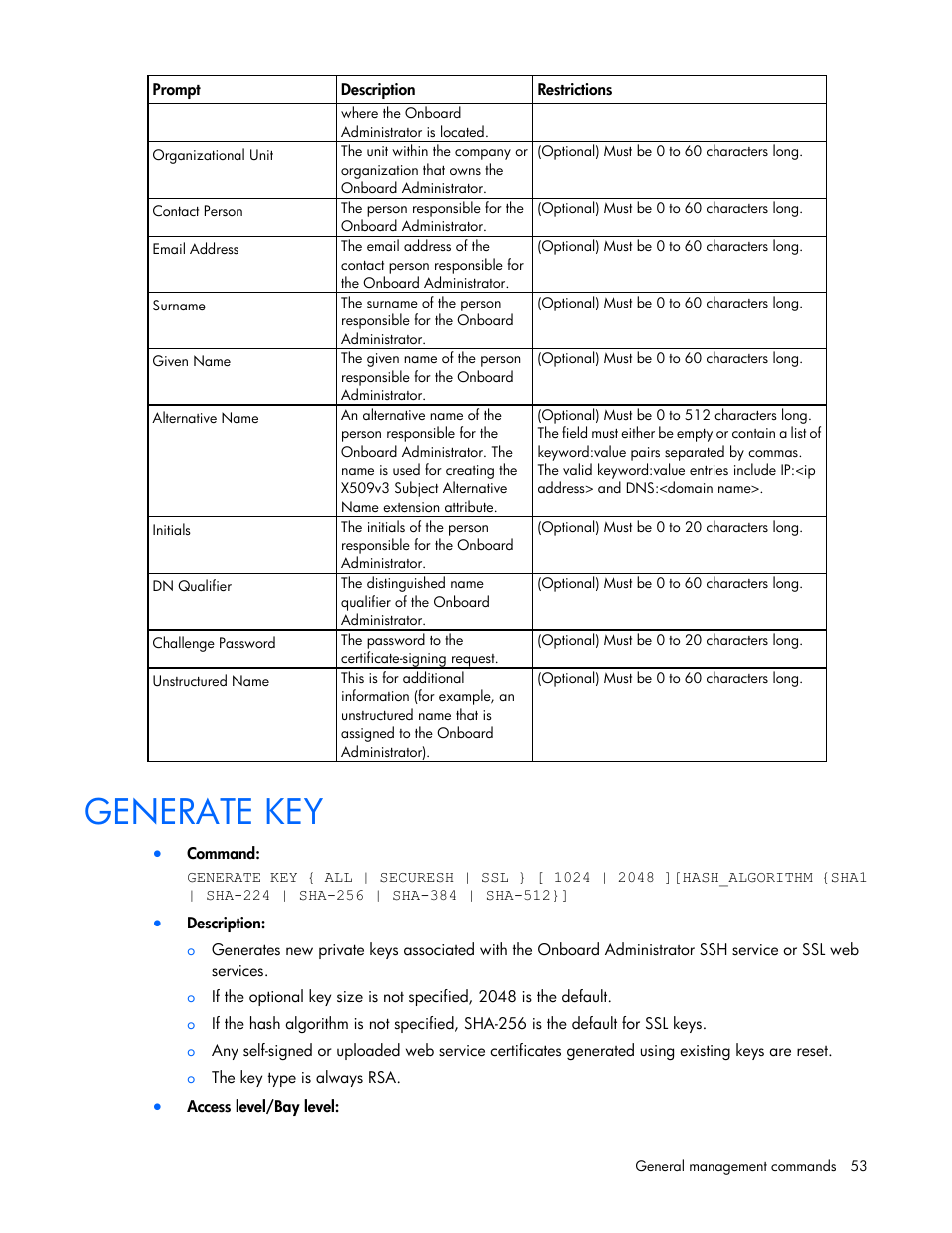 Generate key | HP Onboard Administrator User Manual | Page 53 / 226