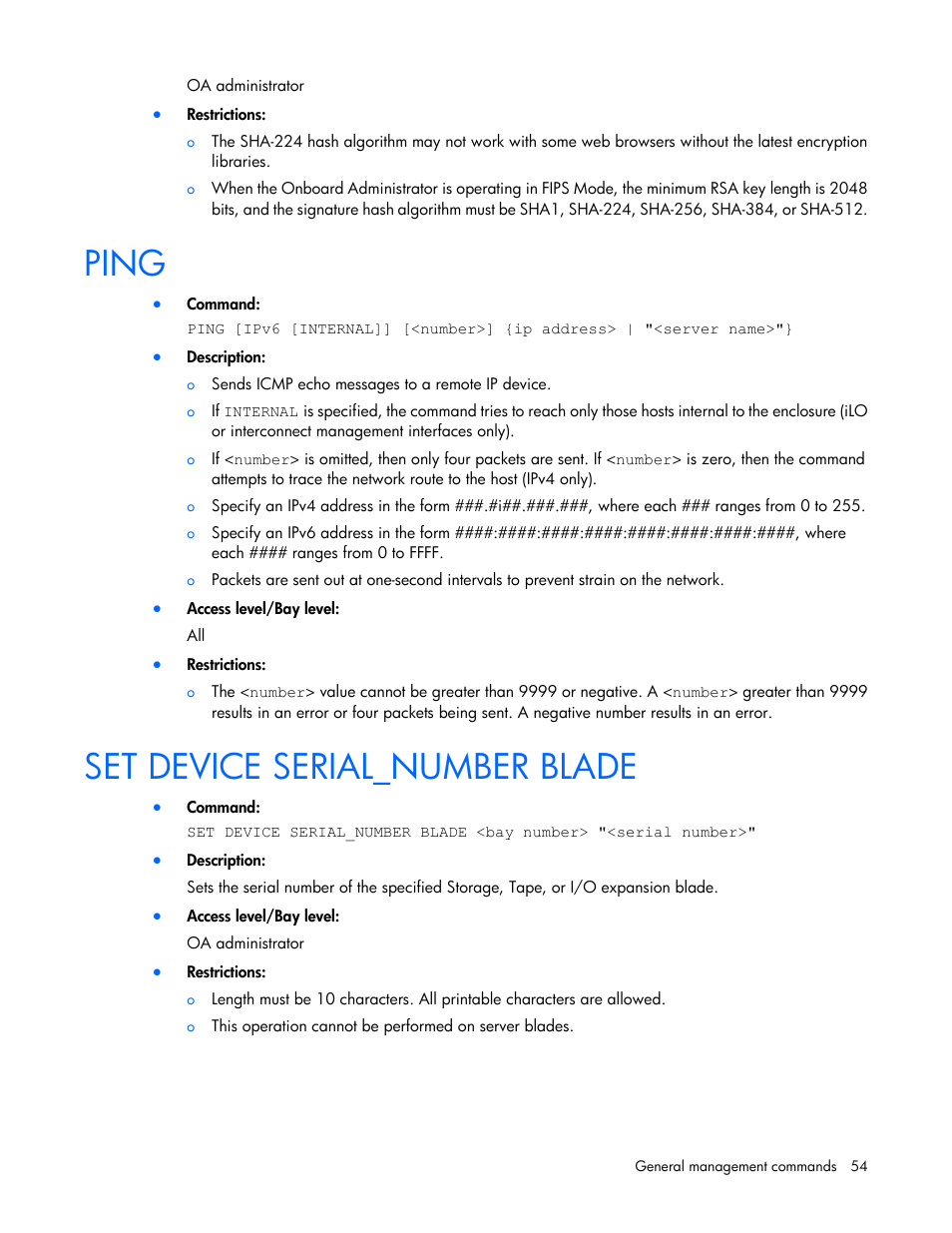 Ping, Set device serial_number blade | HP Onboard Administrator User Manual | Page 54 / 226