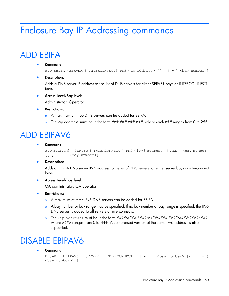 Enclosure bay ip addressing commands, Add ebipa, Add ebipav6 | Disable ebipav6 | HP Onboard Administrator User Manual | Page 60 / 226