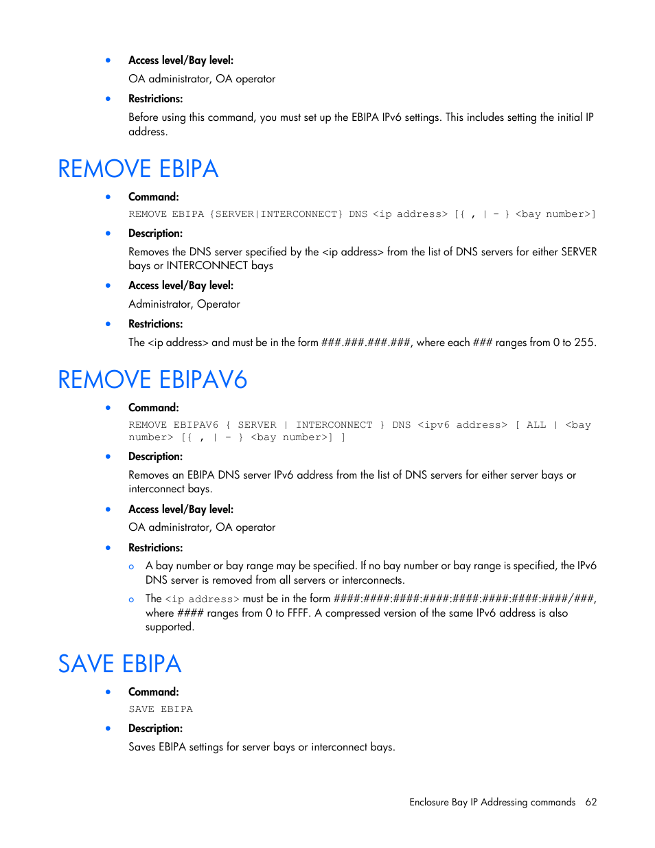 Remove ebipa, Remove ebipav6, Save ebipa | HP Onboard Administrator User Manual | Page 62 / 226