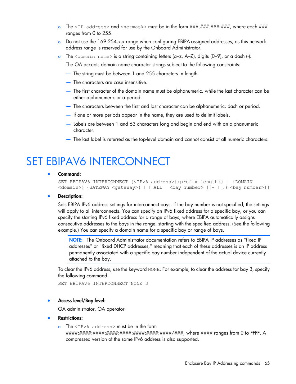 Set ebipav6 interconnect | HP Onboard Administrator User Manual | Page 65 / 226