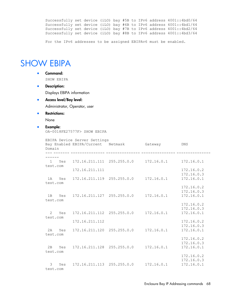 Show ebipa | HP Onboard Administrator User Manual | Page 68 / 226