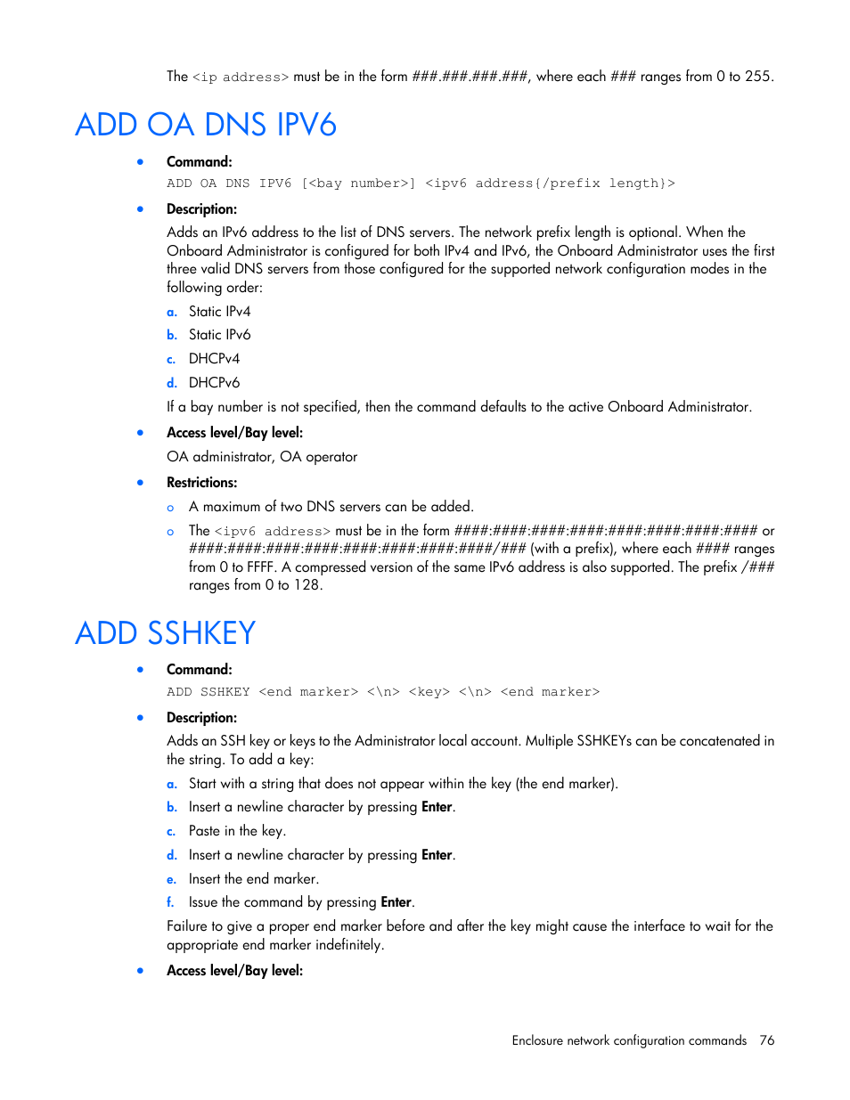 Add oa dns ipv6, Add sshkey | HP Onboard Administrator User Manual | Page 76 / 226