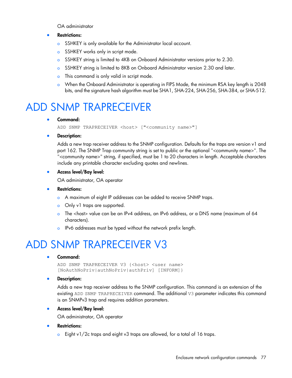 Add snmp trapreceiver, Add snmp trapreceiver v3 | HP Onboard Administrator User Manual | Page 77 / 226