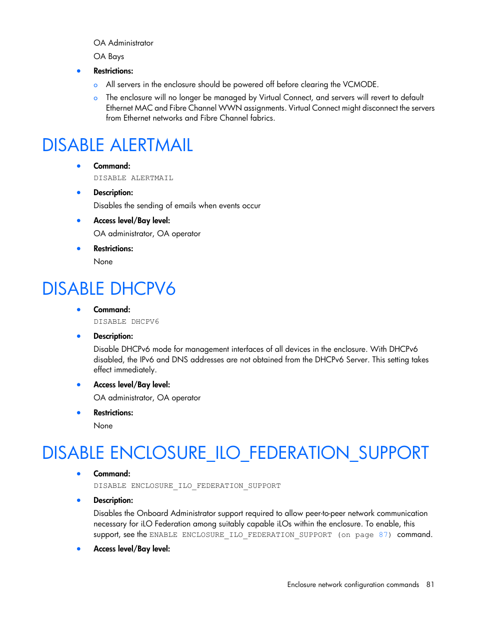 Disable alertmail, Disable dhcpv6, Disable enclosure_ilo_federation_support | HP Onboard Administrator User Manual | Page 81 / 226