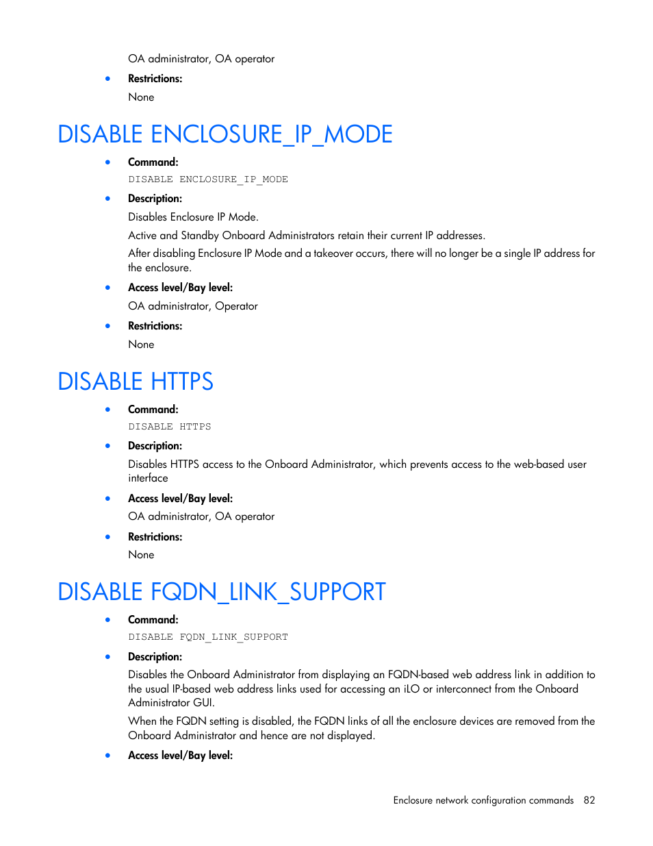 Disable enclosure_ip_mode, Disable https, Disable fqdn_link_support | HP Onboard Administrator User Manual | Page 82 / 226