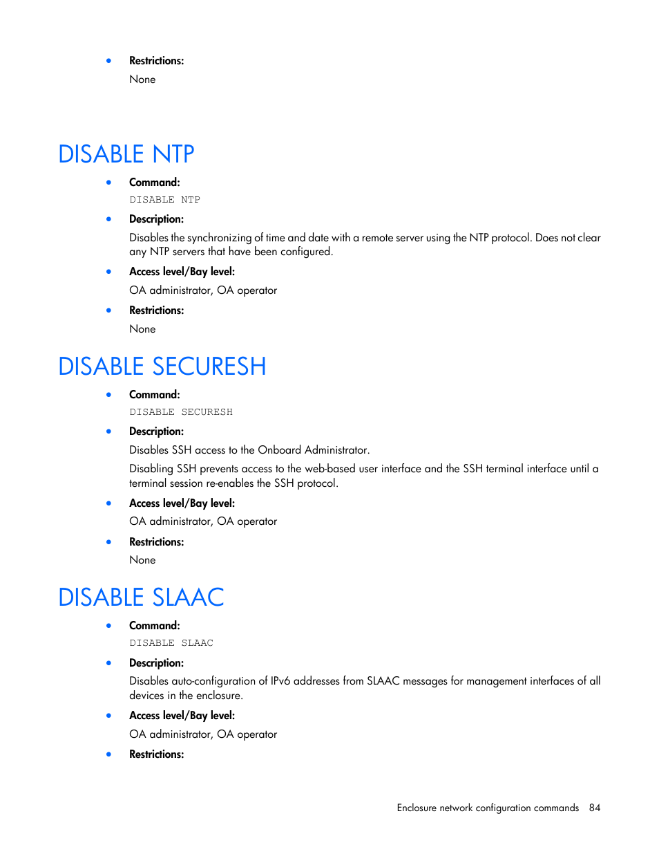Disable ntp, Disable securesh, Disable slaac | HP Onboard Administrator User Manual | Page 84 / 226