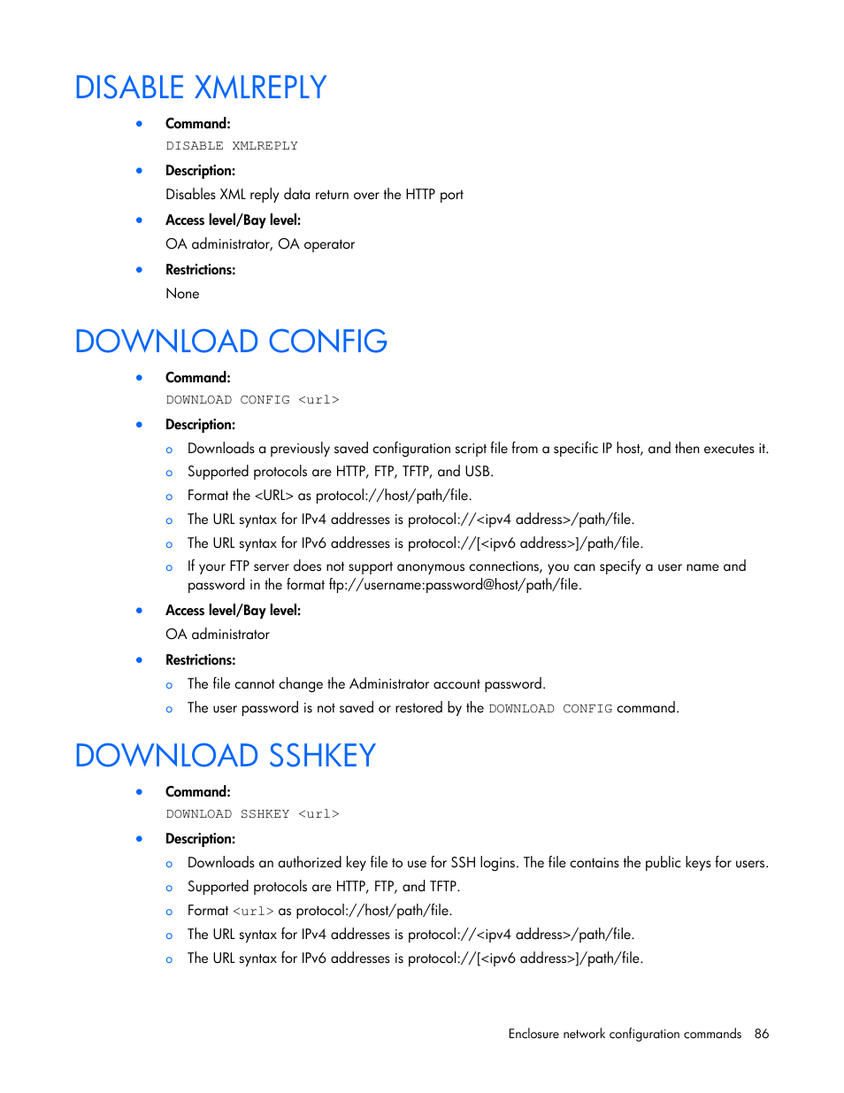 Disable xmlreply, Download config, Download sshkey | HP Onboard Administrator User Manual | Page 86 / 226