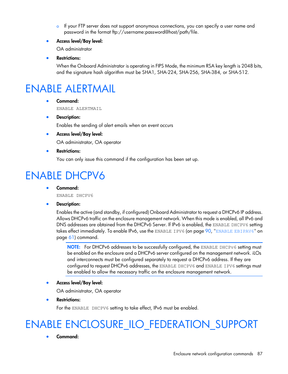 Enable alertmail, Enable dhcpv6, Enable enclosure_ilo_federation_support | HP Onboard Administrator User Manual | Page 87 / 226