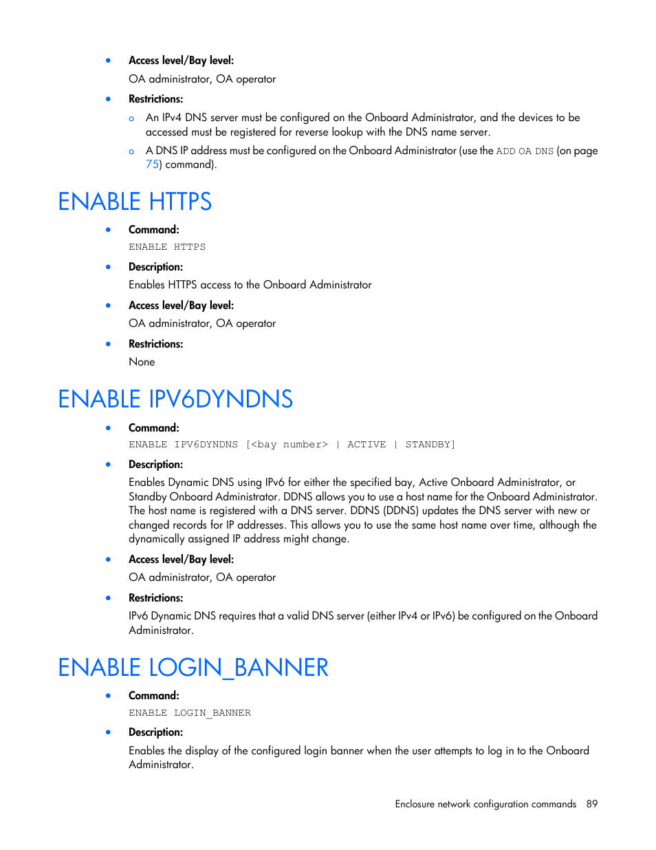 Enable https, Enable ipv6dyndns, Enable login_banner | HP Onboard Administrator User Manual | Page 89 / 226