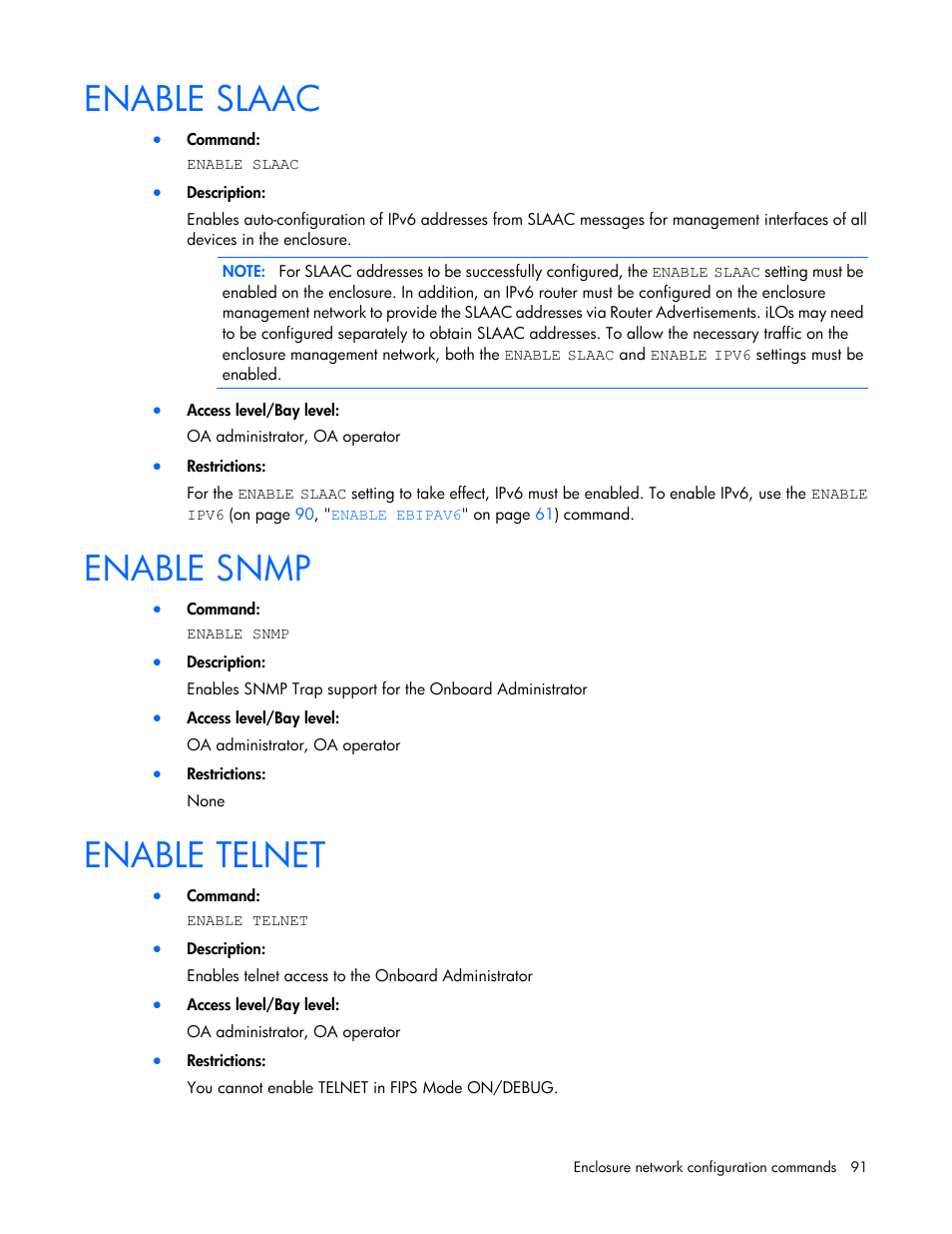 Enable slaac, Enable snmp, Enable telnet | HP Onboard Administrator User Manual | Page 91 / 226