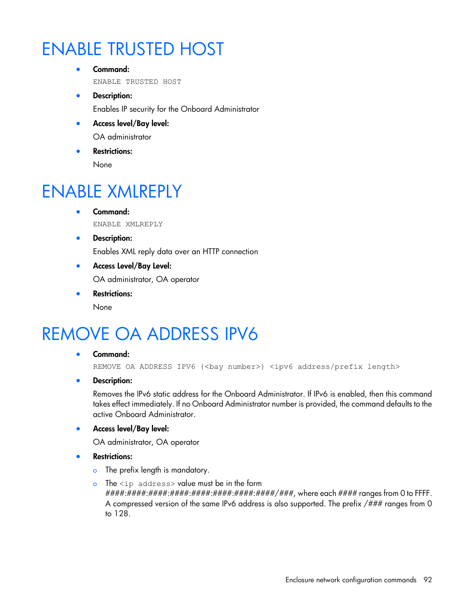 Enable trusted host, Enable xmlreply, Remove oa address ipv6 | HP Onboard Administrator User Manual | Page 92 / 226