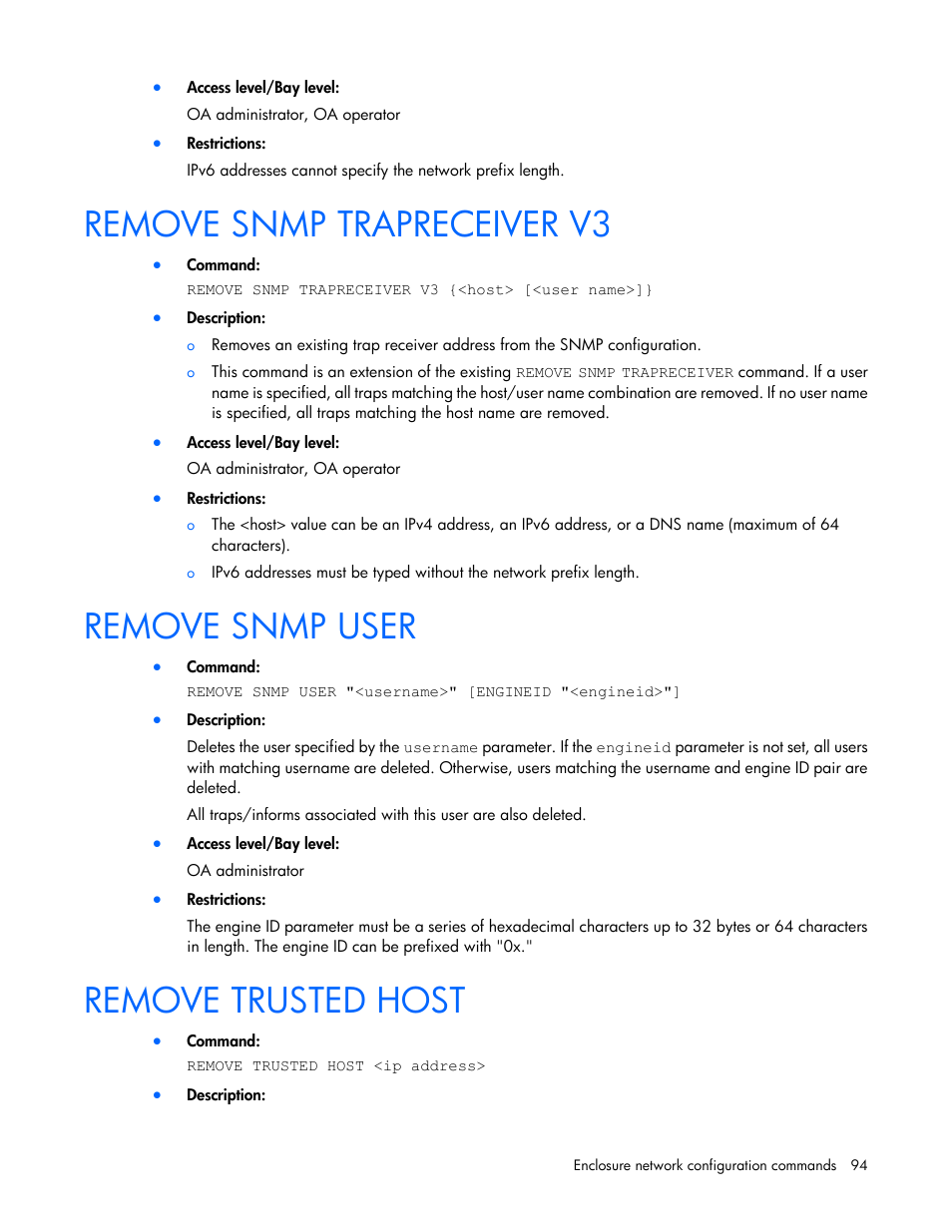Remove snmp trapreceiver v3, Remove snmp user, Remove trusted host | HP Onboard Administrator User Manual | Page 94 / 226
