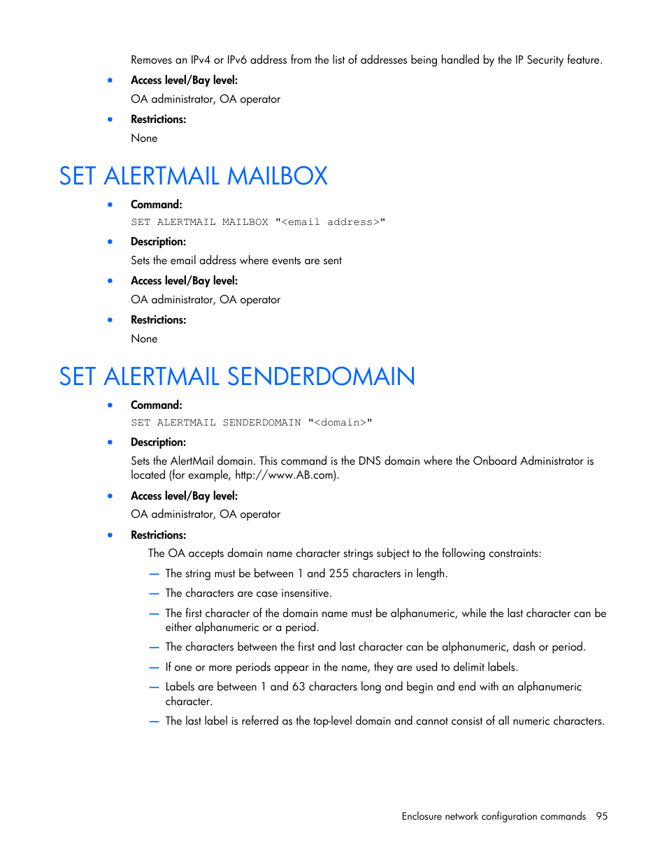 Set alertmail mailbox, Set alertmail senderdomain | HP Onboard Administrator User Manual | Page 95 / 226