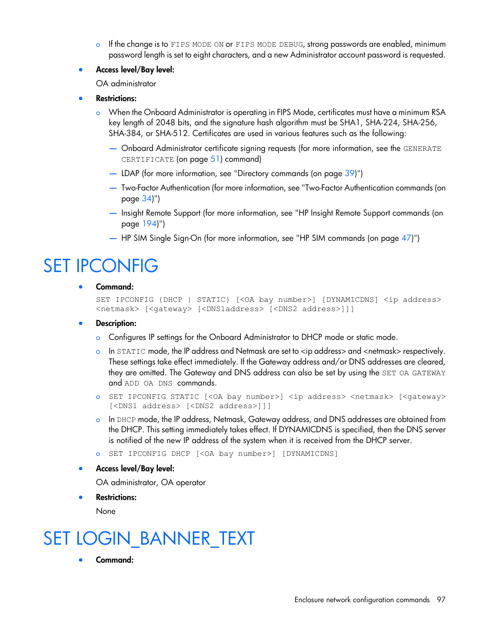 Set ipconfig, Set login_banner_text | HP Onboard Administrator User Manual | Page 97 / 226