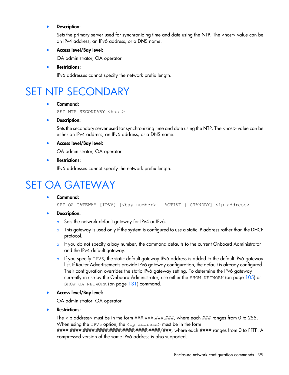 Set ntp secondary, Set oa gateway | HP Onboard Administrator User Manual | Page 99 / 226