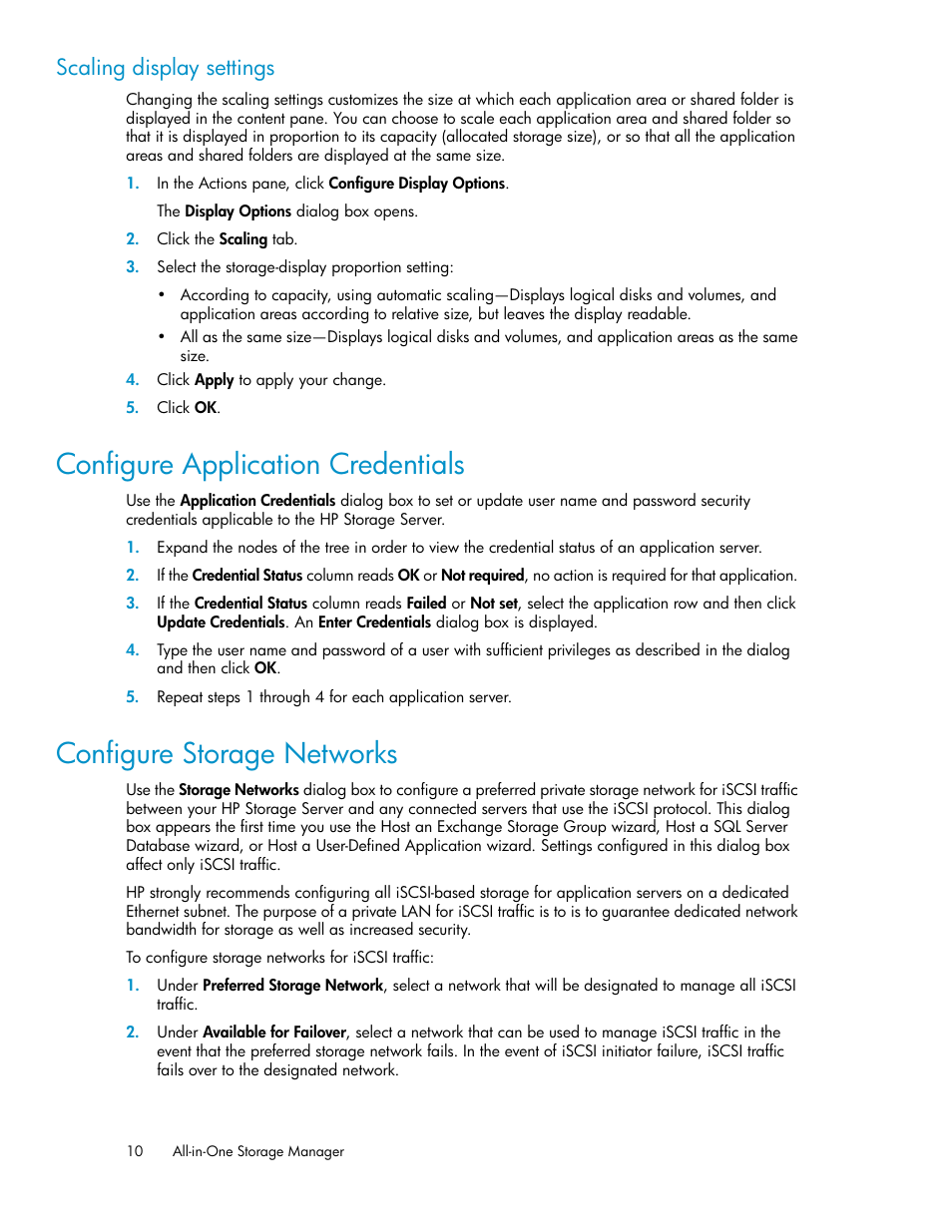 Configure application credentials, Configure storage networks, 10 configure storage networks | Scaling display settings | HP ProLiant DL185 G5 Storage Server User Manual | Page 10 / 72