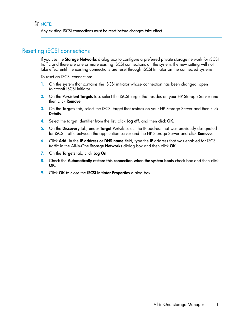 Resetting iscsi connections | HP ProLiant DL185 G5 Storage Server User Manual | Page 11 / 72