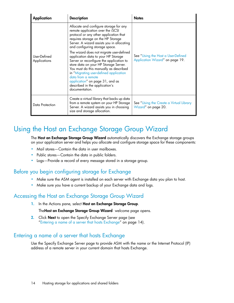 Using the host an exchange storage group wizard, Entering a name of a server that hosts exchange, Using the host an exchange storage group | Wizard, Using the host an exchange storage, Group wizard, Before you begin configuring storage for exchange | HP ProLiant DL185 G5 Storage Server User Manual | Page 14 / 72