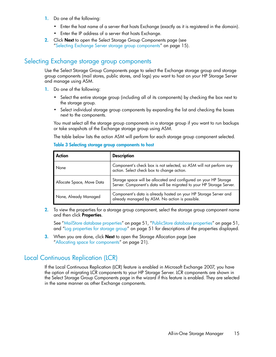 Selecting exchange storage group components, Local continuous replication (lcr), 15 local continuous replication (lcr) | Selecting storage group components to host | HP ProLiant DL185 G5 Storage Server User Manual | Page 15 / 72