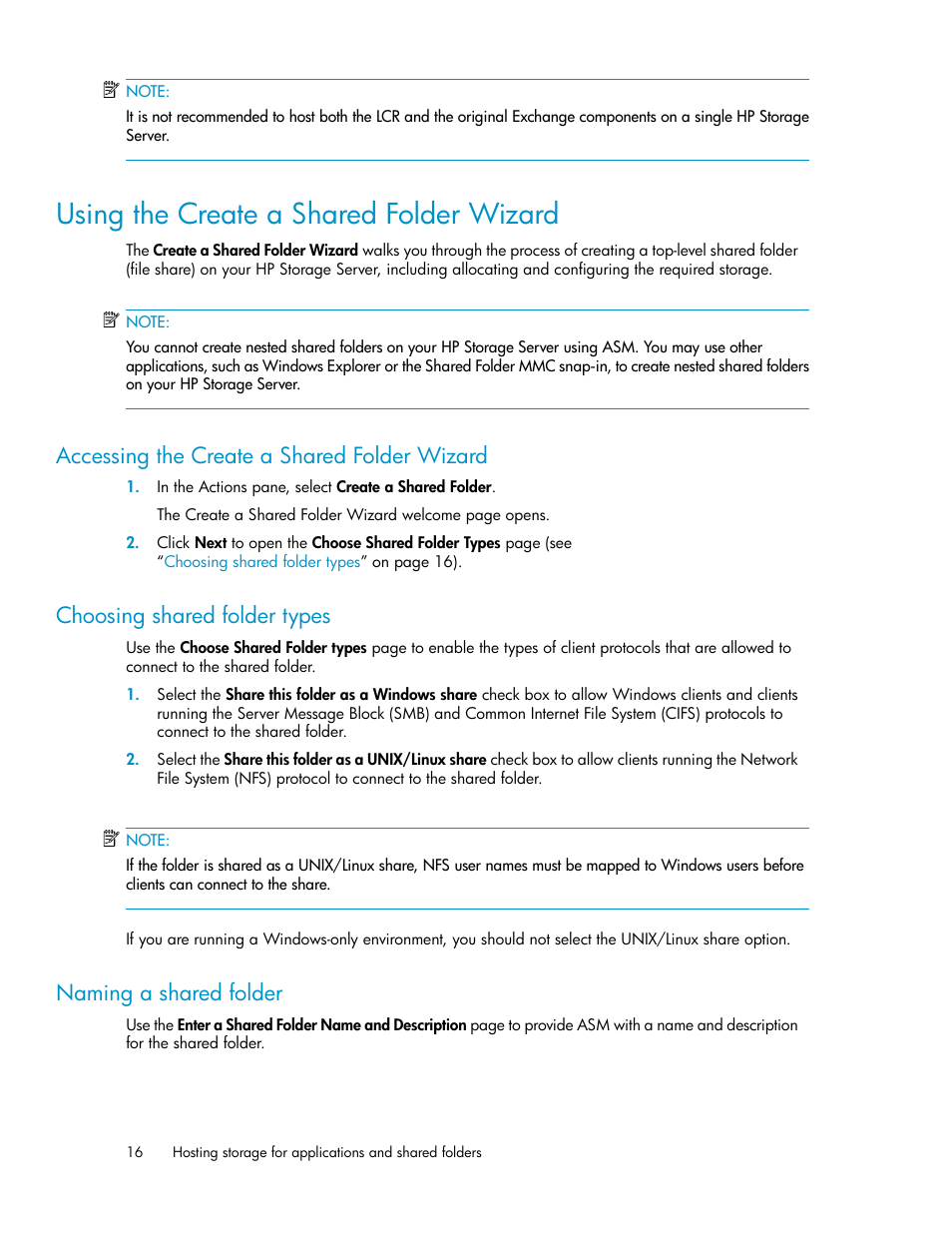 Using the create a shared folder wizard, Choosing shared folder types, Naming a shared folder | 16 naming a shared folder, Using the create a shared folder, Wizard, Accessing the create a shared folder wizard | HP ProLiant DL185 G5 Storage Server User Manual | Page 16 / 72