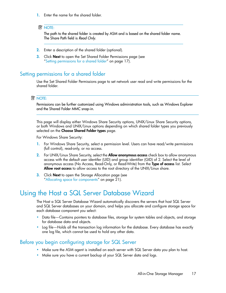 Setting permissions for a shared folder, Using the host a sql server database wizard, Using the host a sql server database | Wizard, Using the host a sql server, Database wizard | HP ProLiant DL185 G5 Storage Server User Manual | Page 17 / 72