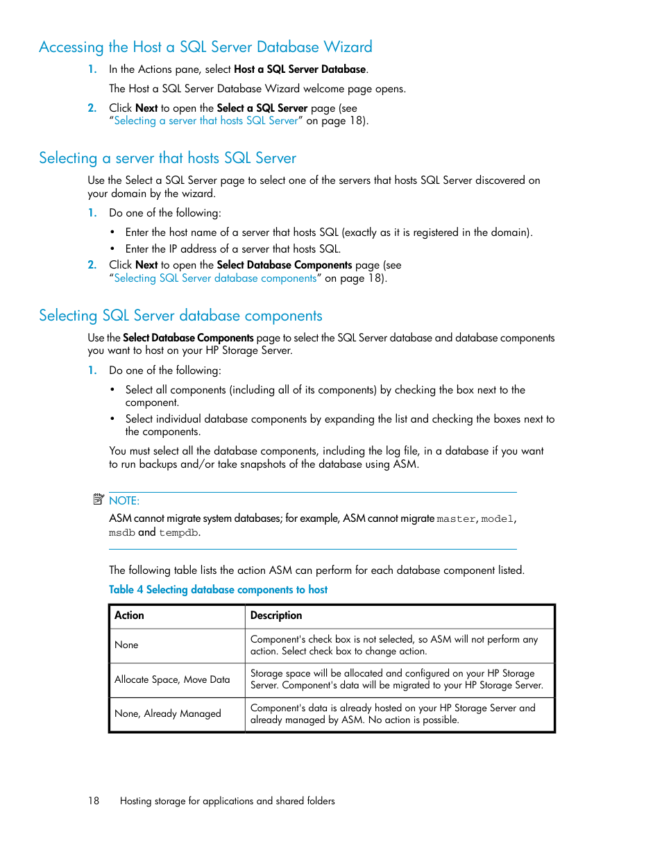 Selecting a server that hosts sql server, Selecting sql server database components, 18 selecting sql server database components | Selecting database components to host, Accessing the host a sql server database wizard | HP ProLiant DL185 G5 Storage Server User Manual | Page 18 / 72