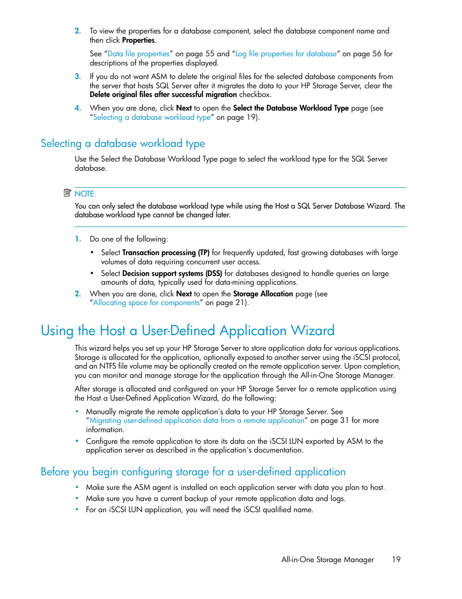 Selecting a database workload type, Using the host a user-defined application wizard, Using the host a user-defined application | Wizard, Using the host a user-defined, Application wizard | HP ProLiant DL185 G5 Storage Server User Manual | Page 19 / 72