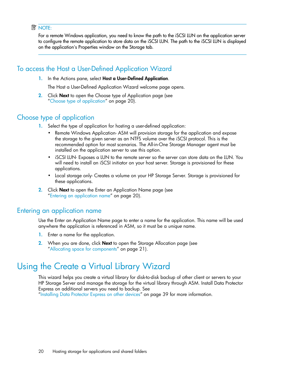 Choose type of application, Entering an application name, Using the create a virtual library wizard | 20 entering an application name, Using the create a virtual library, Wizard | HP ProLiant DL185 G5 Storage Server User Manual | Page 20 / 72