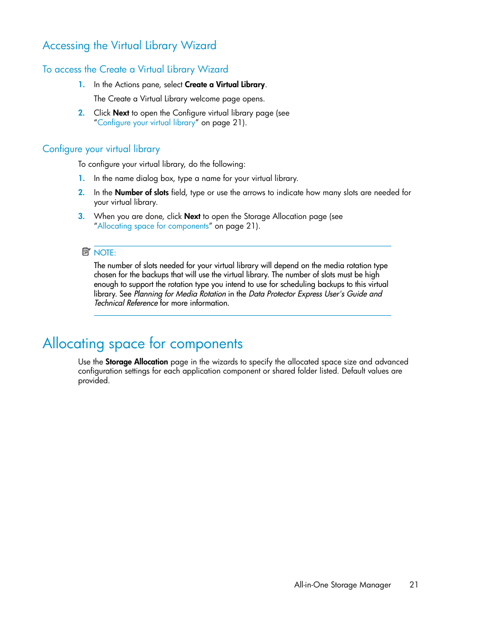 Accessing the virtual library wizard, Configure your virtual library, Allocating space for components | HP ProLiant DL185 G5 Storage Server User Manual | Page 21 / 72