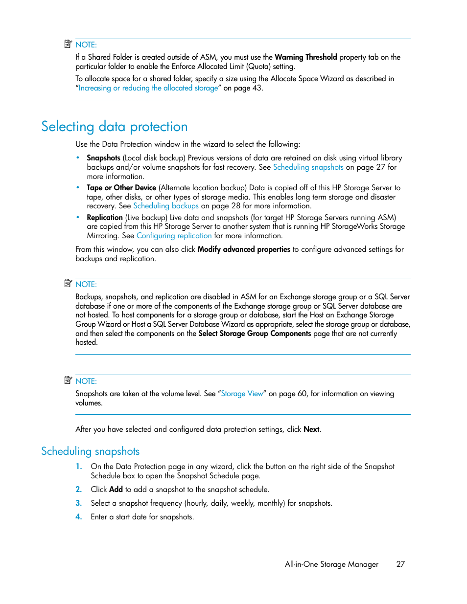 Selecting data protection, Scheduling snapshots | HP ProLiant DL185 G5 Storage Server User Manual | Page 27 / 72