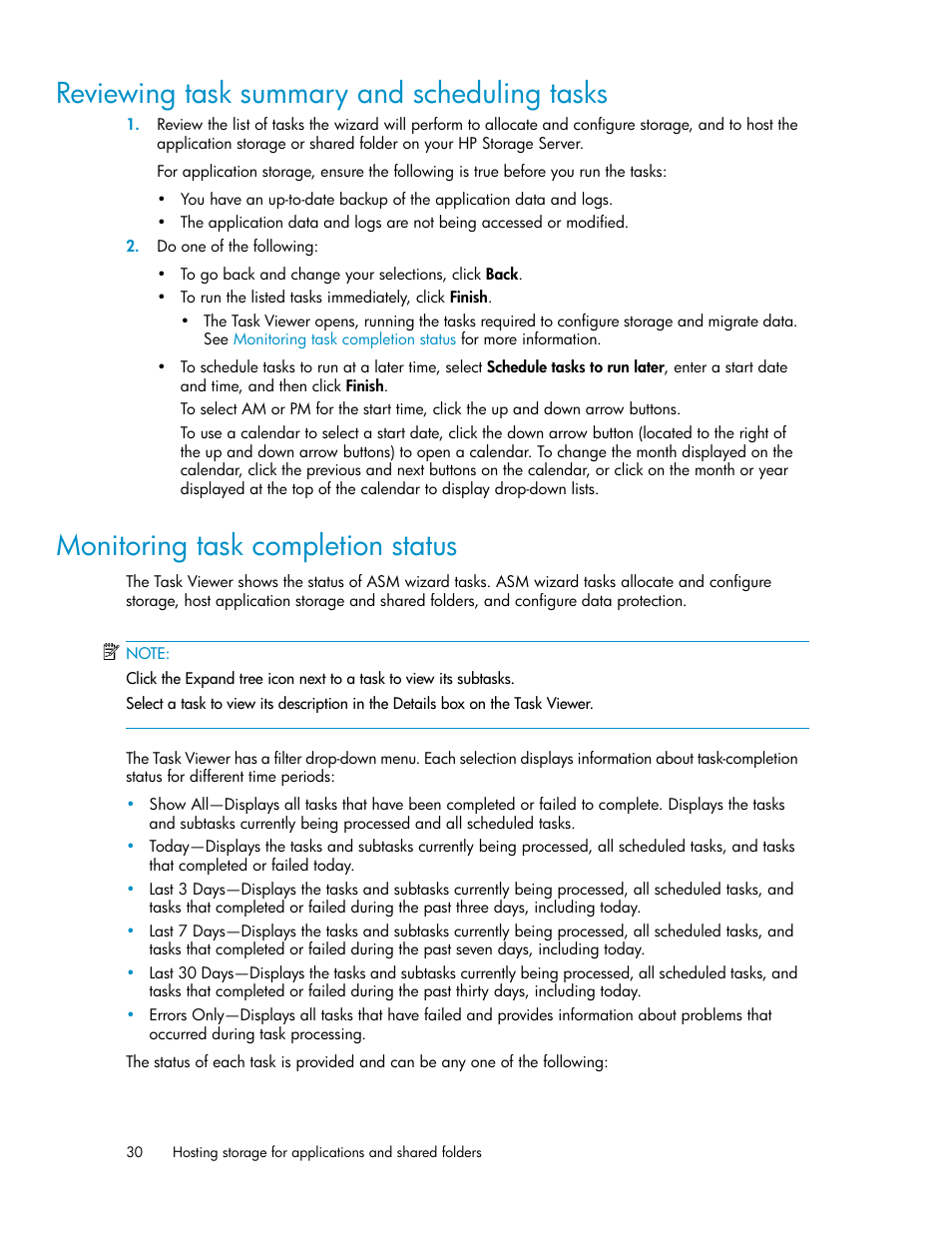 Reviewing task summary and scheduling tasks, Monitoring task completion status, 30 monitoring task completion status | HP ProLiant DL185 G5 Storage Server User Manual | Page 30 / 72