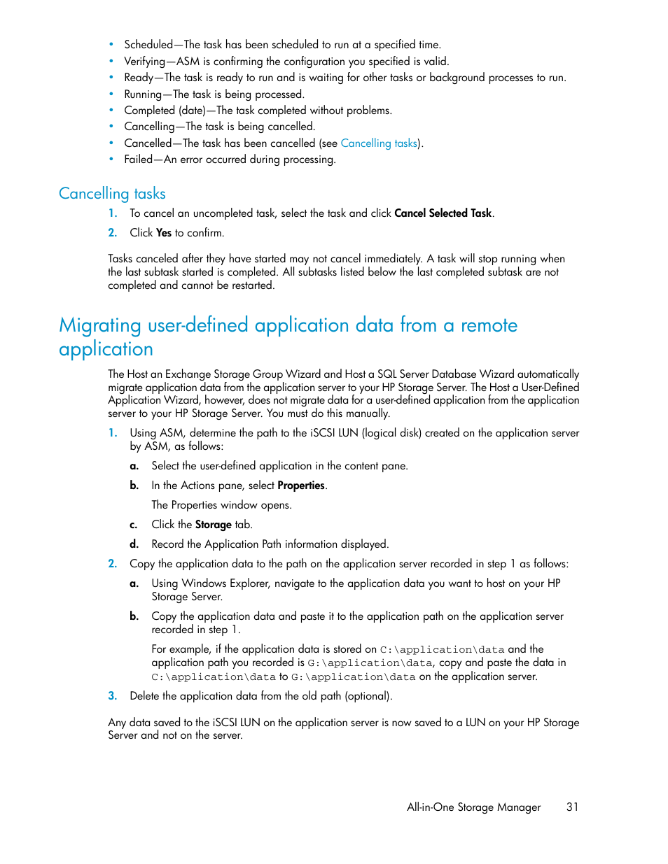 Cancelling tasks, Migrating user-defined application, Data from a remote application | HP ProLiant DL185 G5 Storage Server User Manual | Page 31 / 72