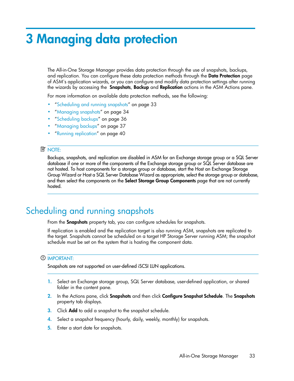 3 managing data protection, Scheduling and running snapshots, Data protection | HP ProLiant DL185 G5 Storage Server User Manual | Page 33 / 72