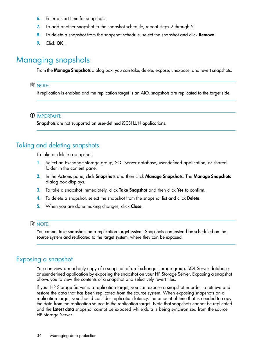 Managing snapshots, Taking and deleting snapshots, Exposing a snapshot | 34 exposing a snapshot | HP ProLiant DL185 G5 Storage Server User Manual | Page 34 / 72